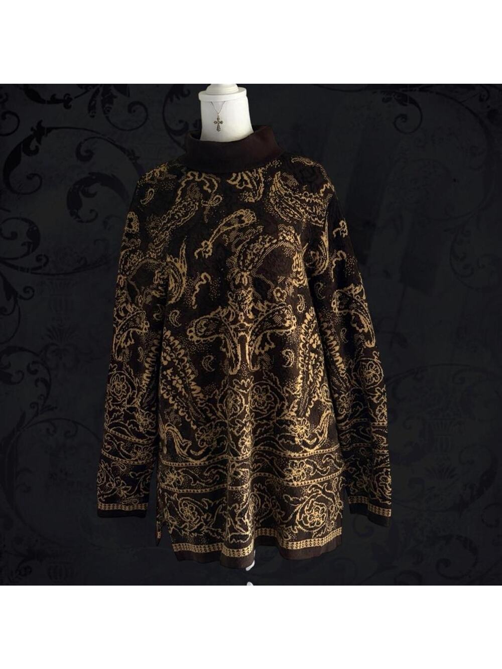 ornate beige& black tapestry paisley scroll turtleneck knit
